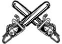 Grafische Darstellung zweier sich kreuzender Kettensägen in Schwarz-Weiß. Das Design ist stilisiert mit starken Kontrasten und klaren Linien, was die mechanischen Details und die gezackten Sägeblätter hervorhebt.